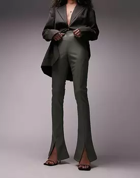 Брюки цвета хаки со швами из искусственной кожи Topshop