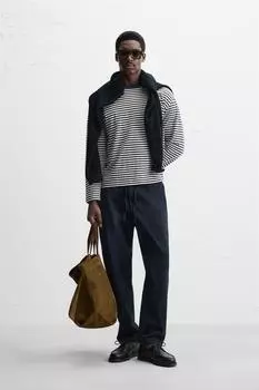 Брюки для бега трусцой обычного покроя с высокой талией ZARA, темно-синий