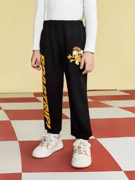 Брюки для мальчиков Shein с мультяшным принтом и буквами, черный