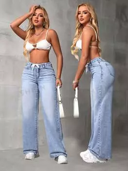 Брюки джинсовые широкие Shein SXY с завязками на талии, светло-синий