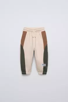 Брюки-джоггеры с цветными блоками ZARA, экрю/коричневый