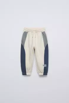 Брюки-джоггеры с цветными блоками ZARA, экрю/синий