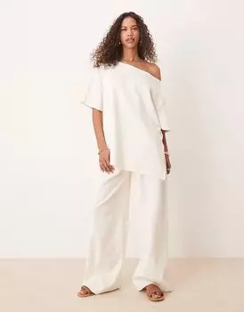 Брюки интерлок суперширокого кроя ASOS DESIGN цвета кокосового молока