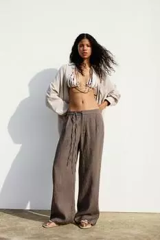 Брюки из 100% льна Pull And Bear, коричневый