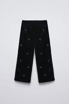 Брюки из бархата с аппликациями из бусин ZARA, черный
