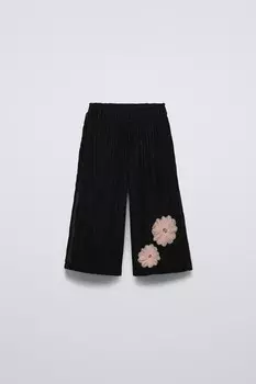 Брюки из бархата с цветочным рисунком ZARA, черный