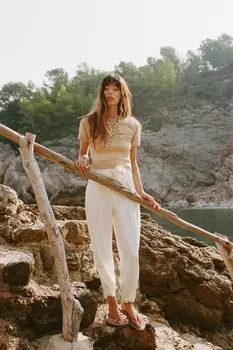 Брюки из бумажного мешка с поясом ZARA, экрю