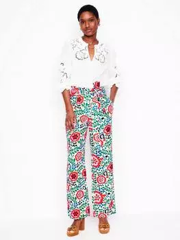 Брюки из чистого льна с цветочным поясом Boden, белый/разноцветный