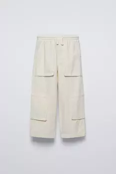 Брюки из хлопка и льна с карманами ZARA, белый