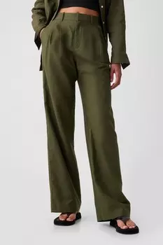 Брюки из хлопка и льна с завышенной талией Gap, зеленый