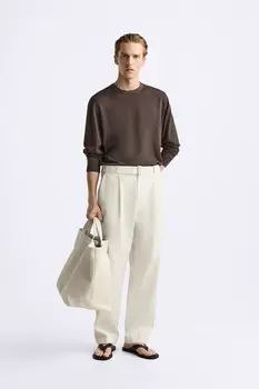 Брюки из хлопка и льна с поясом ZARA, экрю