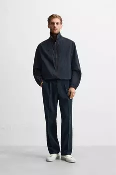 Брюки из хлопка и льна в стиле сирсукер ZARA, темно-синий