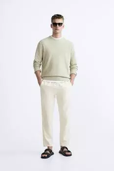 Брюки из хлопка и льна ZARA, экрю