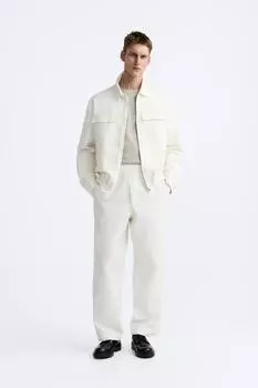 Брюки из хлопка и льна ZARA, экрю