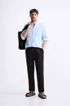 Брюки из хлопка и льна ZARA, черный