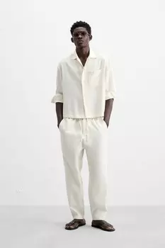 Брюки из хлопка и льна ZARA, устрично-белый