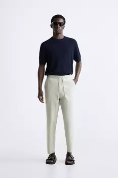 Брюки из хлопка и льна ZARA, светло-зеленый