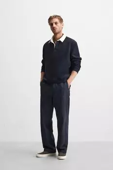 Брюки из хлопка и льна ZARA, темно-синий