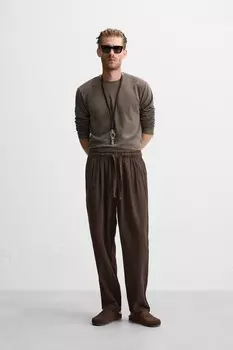 Брюки из хлопка и льна ZARA, коричневый