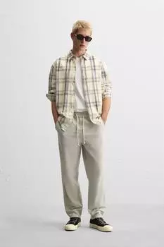 Брюки из хлопка и льна ZARA, цвет Light grey