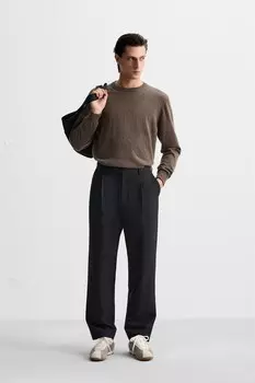 Брюки из хлопка/шерсти со складками ZARA, темно-синий