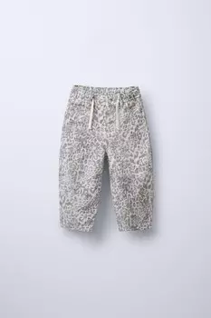 Брюки из холщовой твила с животным принтом ZARA, цвет Leopard/Grey