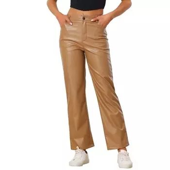 Брюки из искусственной кожи для женщин, прямые брюки с высокой талией, повседневные брюки из искусственной кожи в стиле панк ALLEGRA K, цвет Khaki