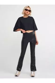 Брюки из искусственной кожи с разрезами-черный Dilvin