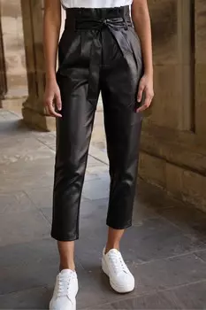 Брюки из искусственной кожи с завязкой на талии и зауженными брючинами Threadbare, черный