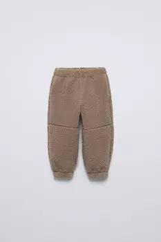 Брюки из искусственной овчины с подкладкой ZARA, коричневый/серо-коричневый