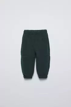 Брюки из искусственной овчины с подкладкой ZARA, темно-зеленый