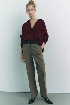 Брюки из кожи с контрастной талиной ZARA, хаки