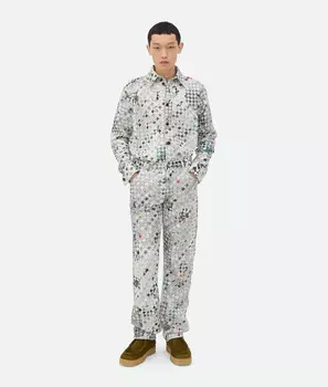 Брюки из натуральной кожи с принтом intrecciato Bottega Veneta, светло-серый/черный
