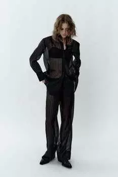 Брюки из органзы в полоску ZARA, черный