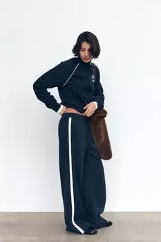 Брюки из плюша с текстом и лампасами по боку ZARA, темно-синий