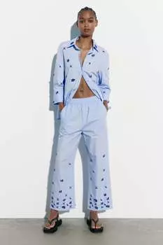 Брюки из поплина со стразами ZARA, синий