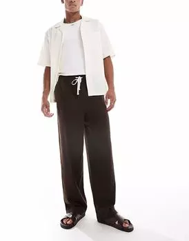 Брюки из потертого льна с контрастной завязкой на талии коричневого цвета Threadbare