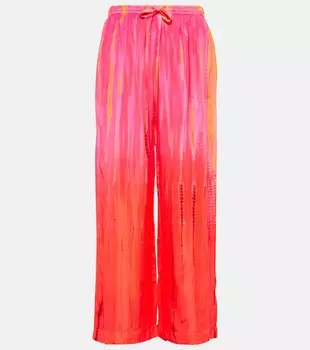 Брюки из шелка с завышенной талией, окрашенные в технике тай-дай Anna Kosturova, белый