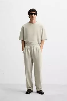 Брюки из сирсакера со склисками ZARA, экрю/коричневый