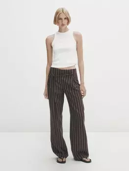Брюки из смешанного хлопка и льна в полоску с завязкой Massimo Dutti, коричневый