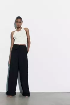 Брюки из смешанного льна полной длины ZARA, черный