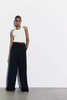 Брюки из смешанного льна полной длины ZARA, черный