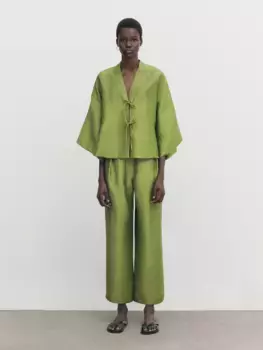 Брюки из смешанного льна с вытяжками Massimo Dutti, зеленый