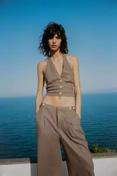 Брюки из смешанного льна широкие брюки ZARA, коричневый/темно-серый