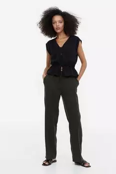 Брюки из смесового льна из твила H&M, темно-зеленый