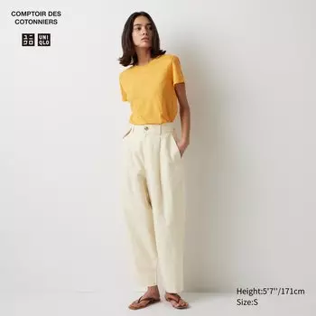 Брюки из смесового льна с зауженными складками UNIQLO, бежевый