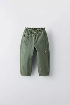 Брюки из твила с бумажными пакетами ZARA, зеленый