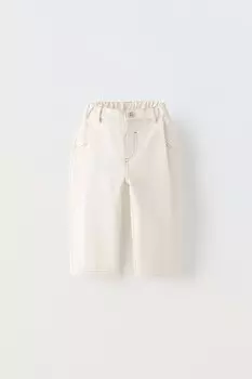 Брюки из твила с выстёпками и отстрочкой ZARA, экрю