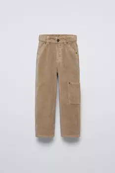 Брюки из вельвета carpenter fit ZARA, темно-бежевый