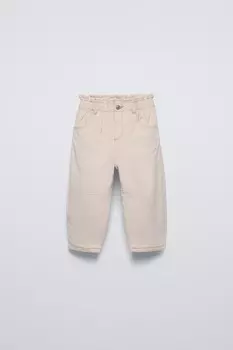 Брюки из вельвета с подкладкой и из бумажного мешка ZARA, экрю